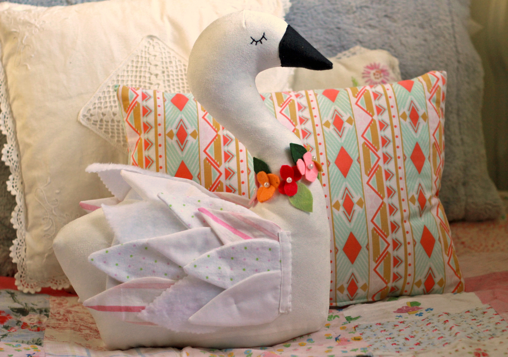 Swan sewing pattern with patchwork wings