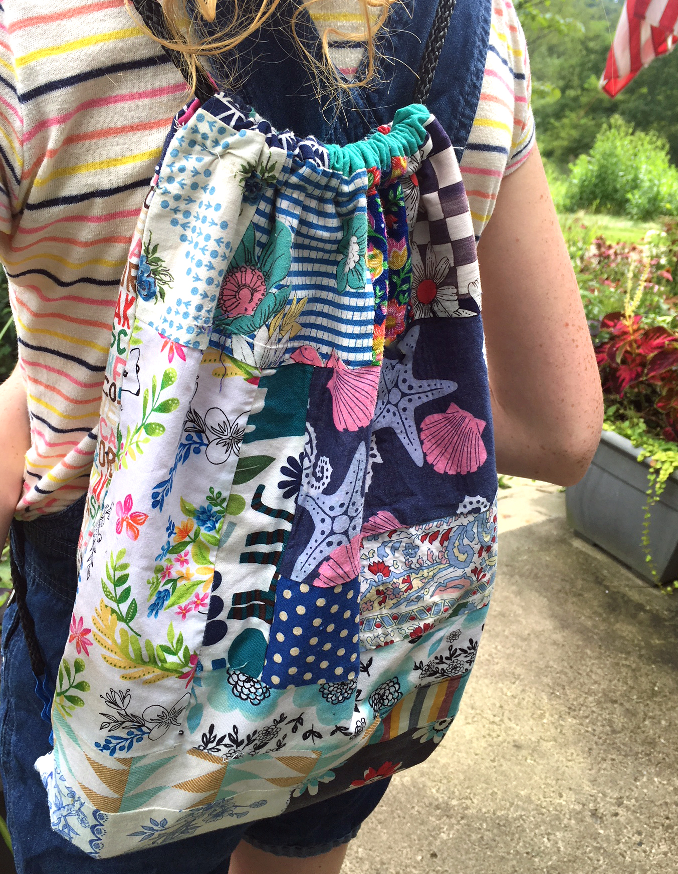 DIY Blue patchwork Drawstring backpack